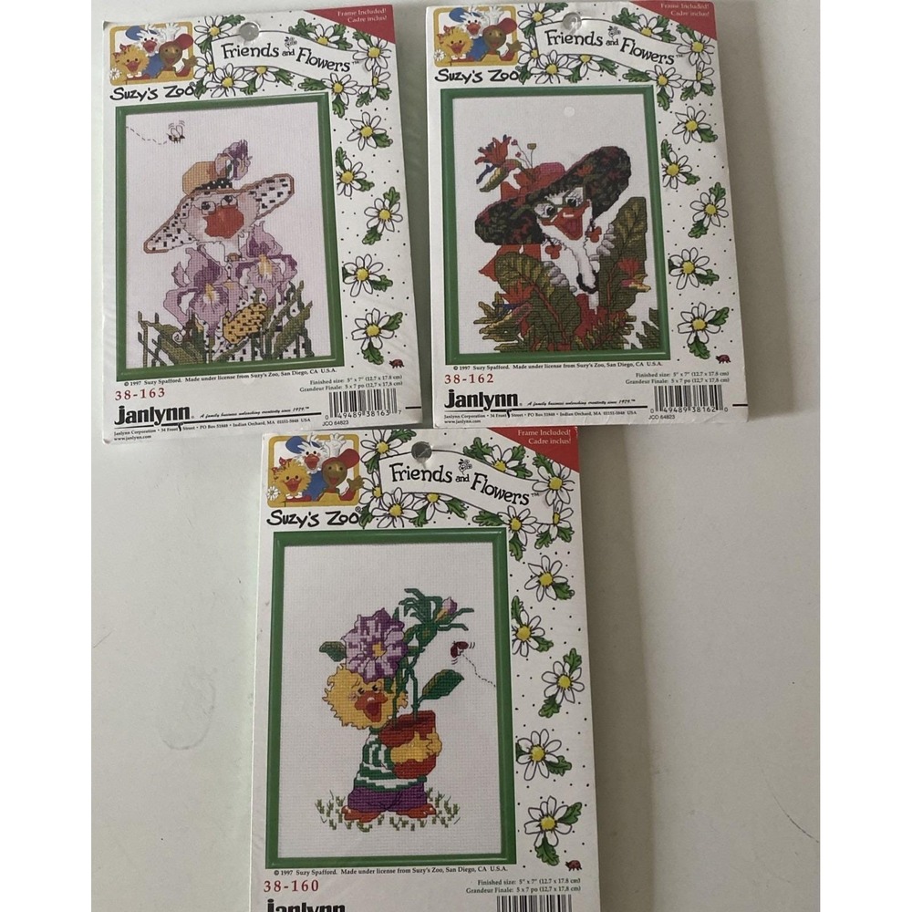 Lot 3  90's Janlynn Suzy's Zoo Friends & Flowers Cross Stitch Kit 5x7" w/ Frame